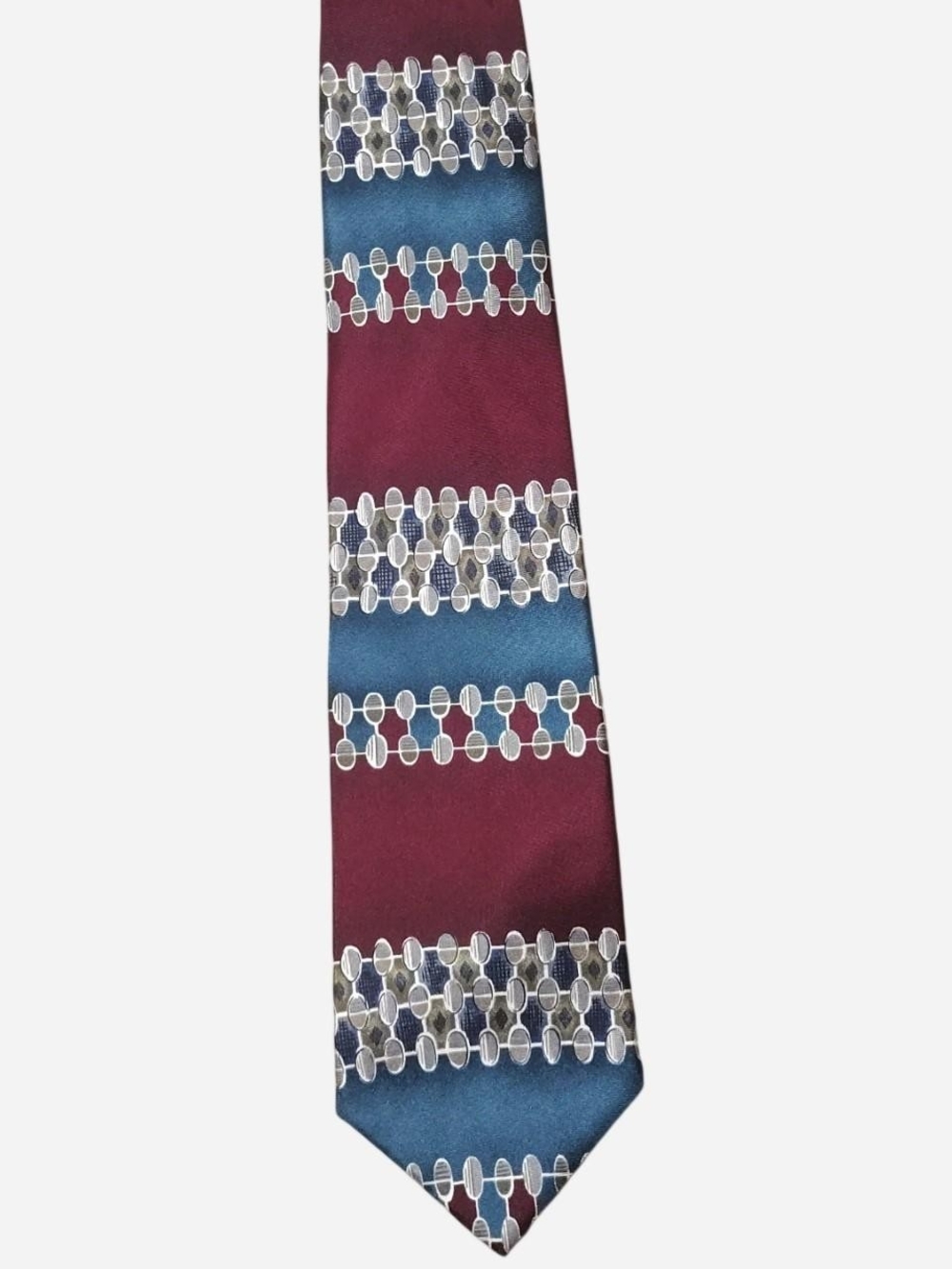 Men's Burgundy and Blue Patterned Silk Tie